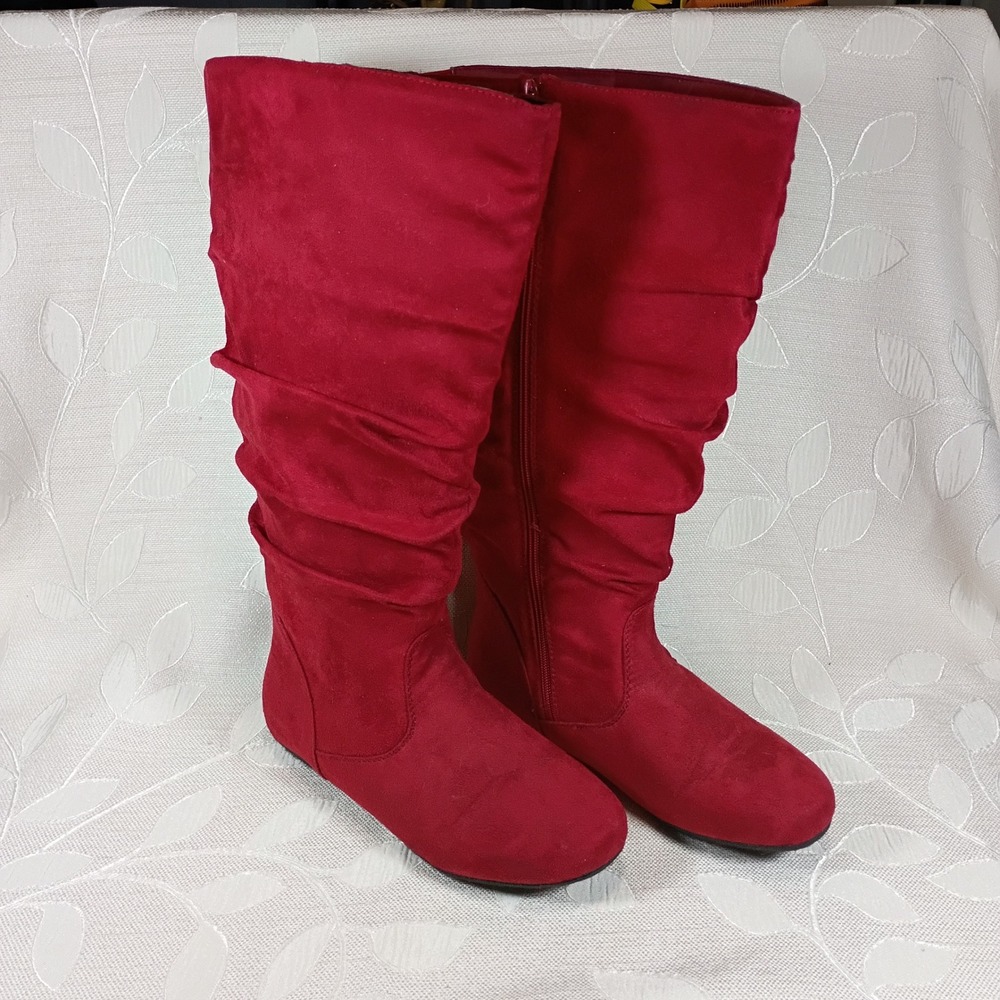 No Call Womens Red Faux Suede Slouchy Knee High Flat Boots Size 7.5